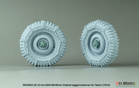 DEFモデル DW16002 1/16 1/4トン 4x4 G503 MB用 冬季チェーン装着・自重変形ホイールセット（タコム 1/16スケール用）
