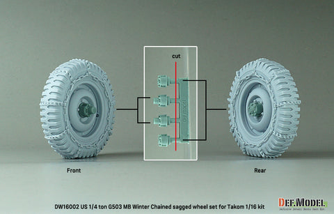 DEFモデル DW16002 1/16 1/4トン 4x4 G503 MB用 冬季チェーン装着・自重変形ホイールセット（タコム 1/16スケール用）