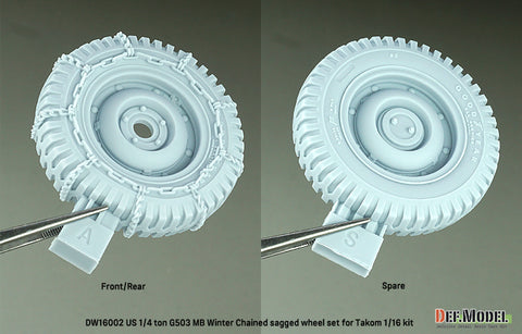 DEFモデル DW16002 1/16 1/4トン 4x4 G503 MB用 冬季チェーン装着・自重変形ホイールセット（タコム 1/16スケール用）