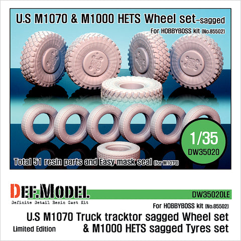 DEFモデル DW35020 1/35 現用 アメリカ M1070&M1000 重装備運搬車 自重変形タイヤセット(ホビーボス 85502用)(M1070用8個+スペアタイヤ1個,M1000用40個+スペアタイヤ2個入り,マスキングシール付き)(限定生産)
