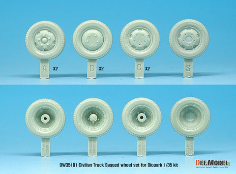 DEFモデル DW35101 1/35 現用 民生ダンプカー 自重変形タイヤセット(ダイオパーク用)(3種各2個+スペアタイヤ1個入り,マスキングシール付き)