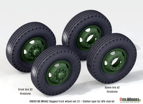 DEFモデル DW35108 1/35 現用 アメリカ M54A2 トラック 自重変形フロントタイヤセット(1)(民生型 ベトナム戦争)(AFVクラブ用)(2個+スペアタイヤ2個入り,マスキングシール付き)