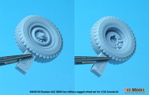 DEFモデル DW35143 1/35 現用 ロシア UAZ-3909 ワンボックスバン 自重変形タイヤセット(軍用タイプ)(ズベズダ用)(3種計4個+スペアタイヤ1個入り,マスキングシール付き)