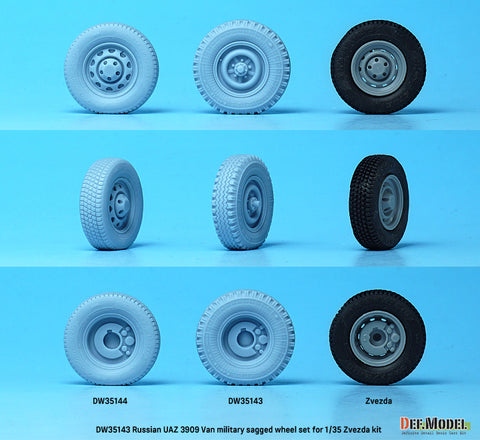 DEFモデル DW35143 1/35 現用 ロシア UAZ-3909 ワンボックスバン 自重変形タイヤセット(軍用タイプ)(ズベズダ用)(3種計4個+スペアタイヤ1個入り,マスキングシール付き)