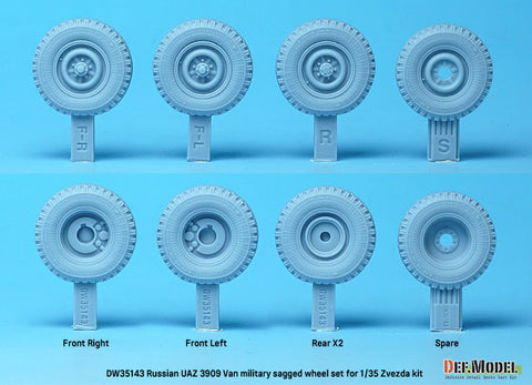 DEFモデル DW35143 1/35 現用 ロシア UAZ-3909 ワンボックスバン 自重変形タイヤセット(軍用タイプ)(ズベズダ用)(3種計4個+スペアタイヤ1個入り,マスキングシール付き)