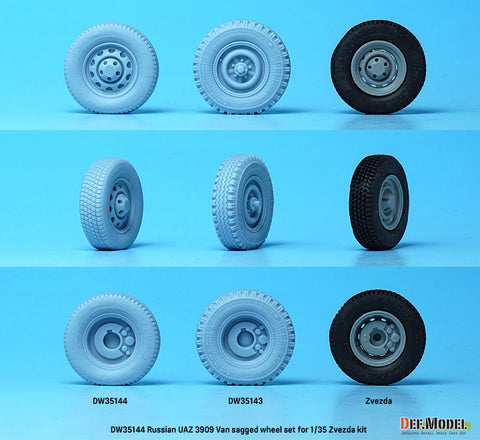 DEFモデル DW35144 1/35 現用 ロシア UAZ-3909 ワンボックスバン 自重変形タイヤセット(民生タイプ)(ズベズダ用)(3種計4個+スペアタイヤ1個入り,マスキングシール付き)