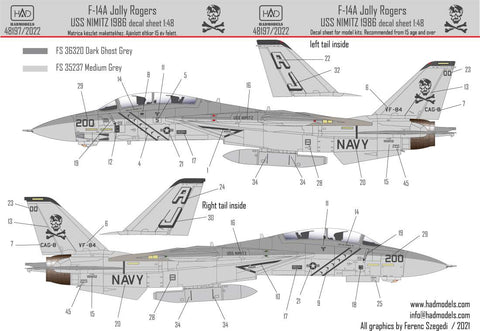 HADモデル 48197/2023 1/48 F-14A VF-84 ジョリーロジャース 1986 低視認性デカールシート ステンシル付き  再版