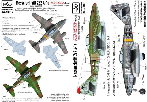 HADモデル DW-48017 1/48 メッサーシュミット Me 262 A-1 (Luftwaffe ブラック ”L”, ホワイト17) デカールシート