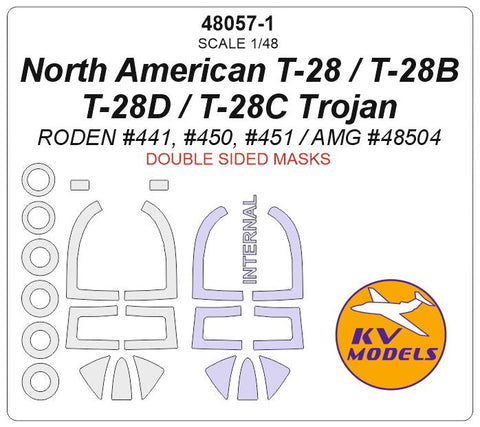 KVモデル 48057-1 1/48 ノースアメリカン T-28 / T-28B / T-28D / T-28C Trojan (ローデン #441, #450, #451 / AMG #48504) - 内外両面 + ホイール キャノピーマスキングシート