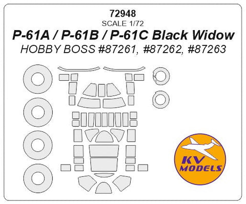 KVモデル 72948 1/72 P-61A / P-61B / P-61C ブラックウィドウ (ホビーボス) + ホイール キャノピーマスキングシート