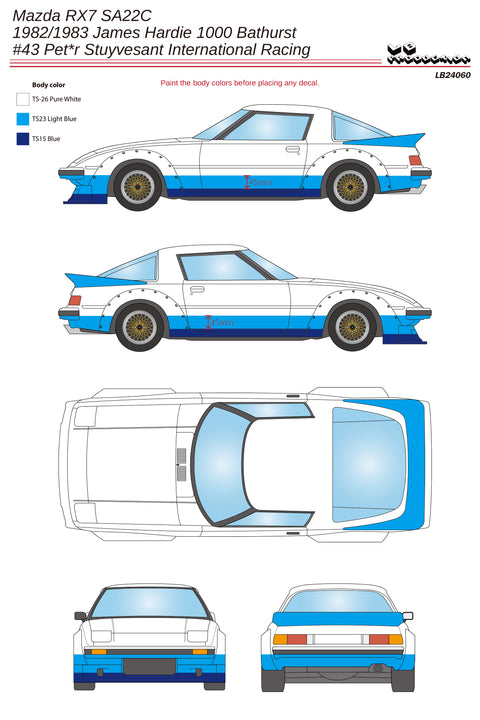 LBプロダクション 24060 1/24 マツダ RX7 SA22C #43 ピーターストイフェサント国際レーシング - James Hardie 1000 Bathurst 1982/1983