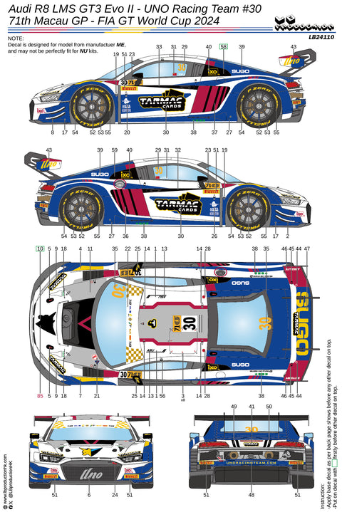 LBプロダクション 24110 1/24 アウディ R8 LMS GT3 Evo II - ウノレーシングチーム #10 - 第71回マカオG.P GTワールドカップ 2024