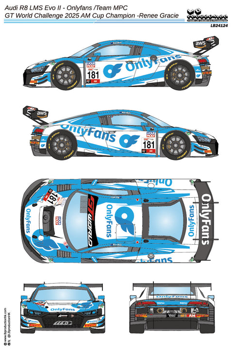 LBプロダクション 24124 1/24 アウディ R8 LMS Evo II - オンリーファン /チームMPC - GTワールドチャレンジ 2025 AMカップ チャンピオン -Renee Gracie