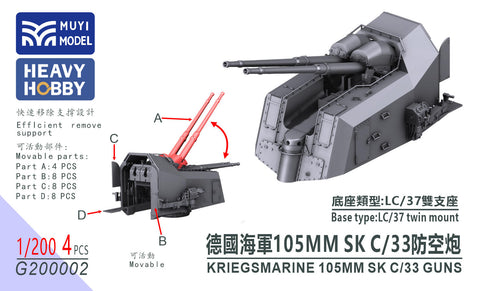MUYIモデル G200002 1/200 ドイツ海軍 105mm SK C/33 砲（LC/37連装砲架） 超精密3Dプリントキット 4基入り