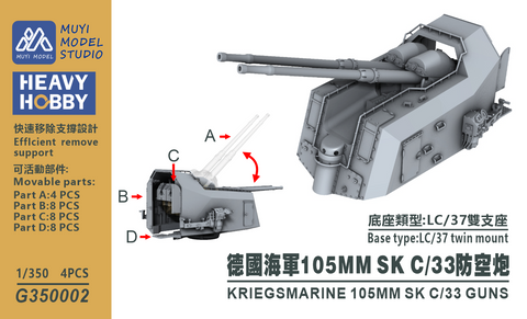 MUYIモデル G350002 1/350 ドイツ海軍 105mm SK C/33 砲（LC/37連装砲架） 超精密3Dプリントキット 4基入り