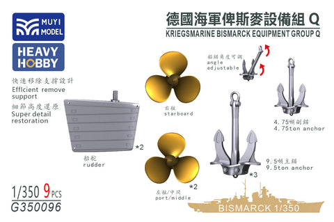 MUYIモデル G350096 1/350 ドイツ海軍 戦艦ビスマルク 装備品セット Q（超精密3Dプリントキット・9パーツ入り）