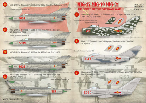 プリントスケール 72-116 1/72 北ベトナムのミグ(Mig 17 Mig 19 Mig 21) ベトナム戦争