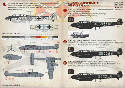 プリントスケール 72-169 1/72 メッサーシュミット Bf 110 夜間戦闘機・迎撃機 エース