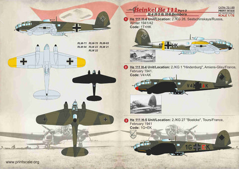 プリントスケール 72-185 1/72 ハインケル H-4, H-5 & H-6 ボンバーズ Part 3