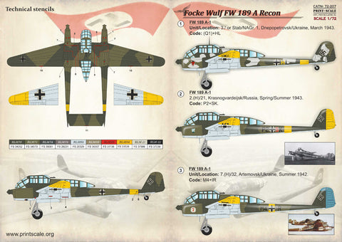 プリントスケール 72-207 1/72 フォッケウルフ FW189A 偵察機