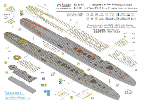 レインボーモデル Rb3548 1/350 日本海軍 軽巡洋艦 多摩 1944 エッチング甲板 (Pressing fixture of linoleum) upgraded set [4PE] アオシマ用