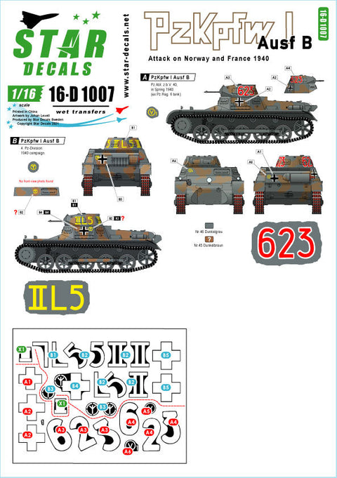 スターデカール 16-D1007 1/16 WWII ドイツI号戦車B型 ノルウェー＆フランスの戦い1940