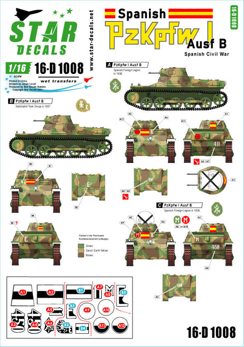 スターデカール 16-D1008 1/16 スペインでのI号戦車B型 スペイン内戦