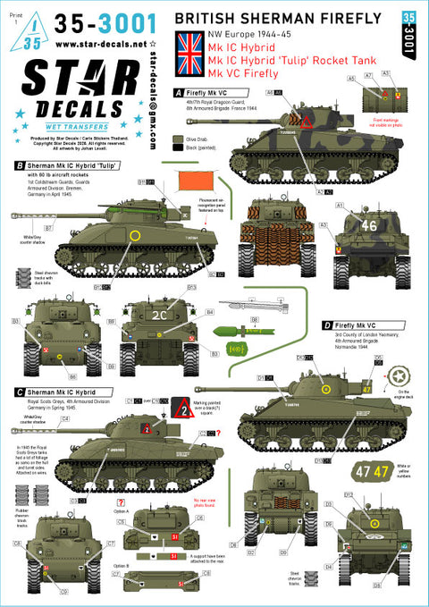 スターデカール 35-3001 1/35 イギリス シャーマン ファイアフライ. NWE in 194-45.Mk IC ハイブリッド, Mk IC ハイブリッド 'チューリップ' ロケットタンク, Mk VC ファイアフライ