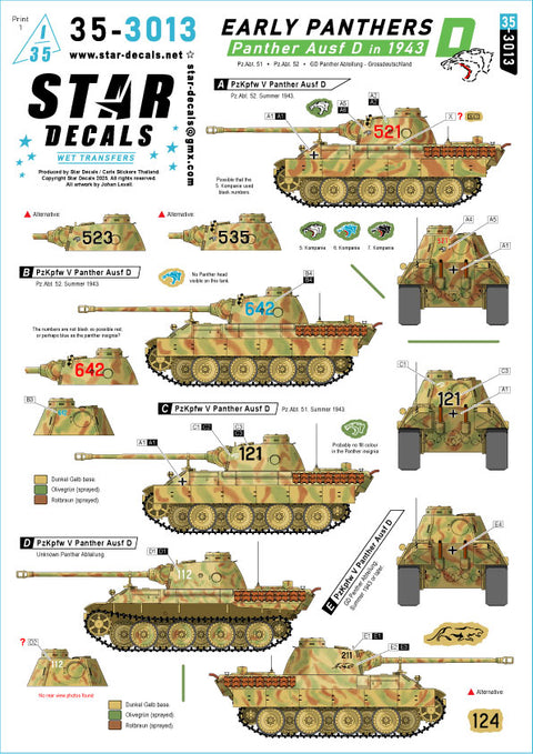 スターデカール 35-3013 1/35 パンサー初期型. 1943年のパンサーD型. 第51・52戦車大隊, グロースドイッチュラント装甲擲弾兵師団パンサー大隊. 