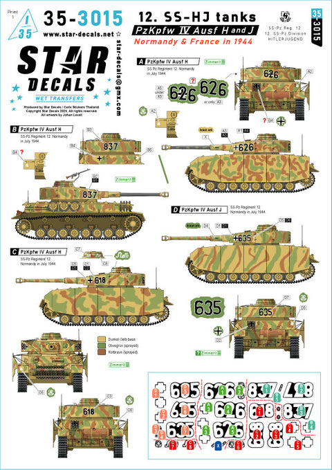 スターデカール 35-3015 1/35 IV号戦車H・J型. 第12-SS装甲師団ヒトラーユーゲントの戦車. ノルマンディー and フランス in 1944. 