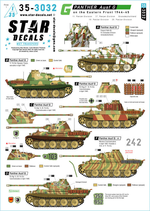 スターデカール 35-3032 1/35 パンサーG型 東部戦線1944-45年. 第11・17・19・25装甲師団. グロースドイッチュラント師団. 