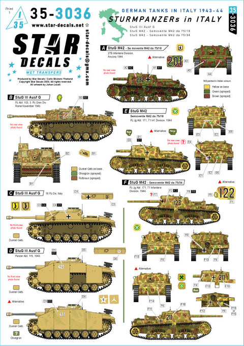 スターデカール 35-3036 1/35 イタリア戦線のドイツ突撃砲. III号突撃砲G型, 突撃砲M42 da 75/18 and 75/34. 