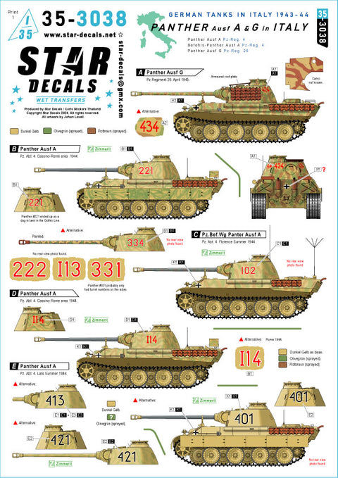 スターデカール 35-3038 1/35 イタリア戦線のパンサーA/G型. パンサーA型, 指揮戦車A型,パンサーG型
