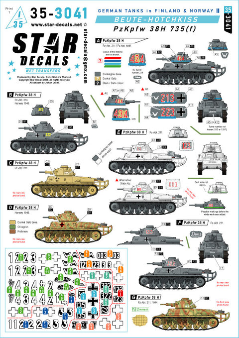 スターデカール 35-3041 1/35 北方戦線の戦車. フィンランドとノルウェーのドイツ戦車 # 2. PzKpfw 38H 735(f). 