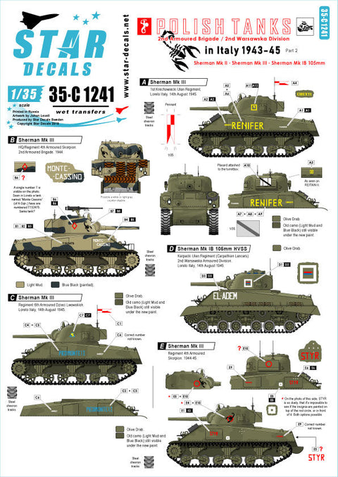 スターデカール 35-C1241 1/35 WWII イタリア戦線でのポーランド軍シャーマンMkII/MkIII/MkIB(105mm) 1943-45＃2