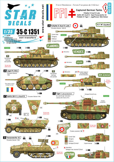 スターデカール 35-C1351 1/35 フランスのレジスタンス #1 鹵獲したドイツ戦車