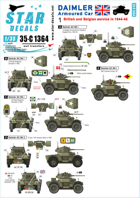 スターデカール 35-C1364 1/35 ダイムラー装甲車 # 1 第二次世界大戦でのイギリスとベルギー