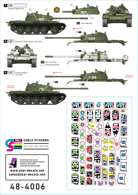 スターデカール 48-4006 1/48 T-55（冷戦期・ワルシャワ条約機構）：ソ連（CCCP）、ルーマニア、ポーランド、ハンガリー、東ドイツ（DDR）。