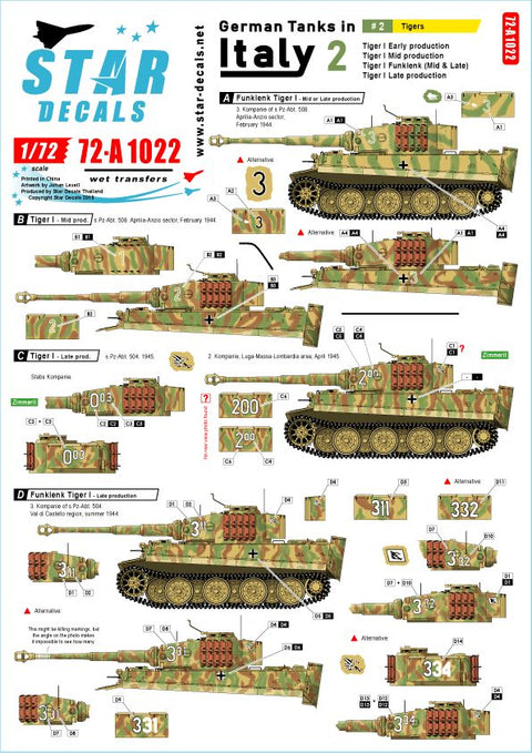 スターデカール 72-A1022 1/72 イタリア戦線のドイツ戦車＃2 タイガーI初期型 タイガーI中期型 タイガーI後期型