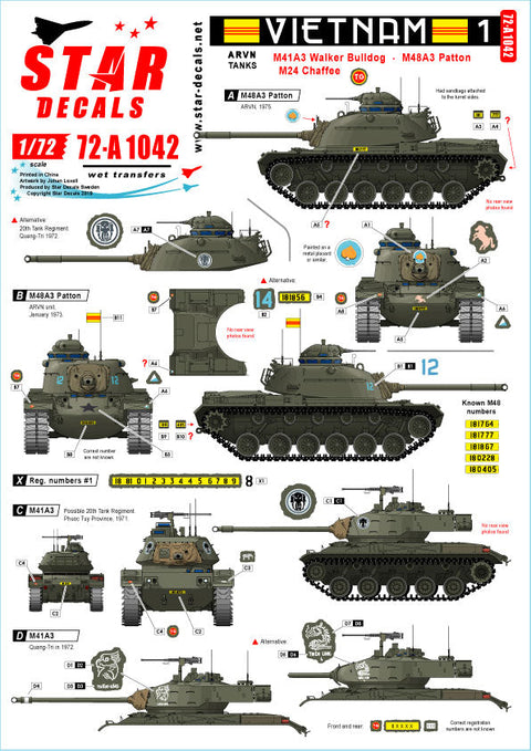 スターデカール 72-A1042 1/72 ベトナム＃1 ベトナム共和国陸軍 南ベトナムのM24チャーフィー/M41 ウォーカー・ブルドッグ/M48A3 パットン