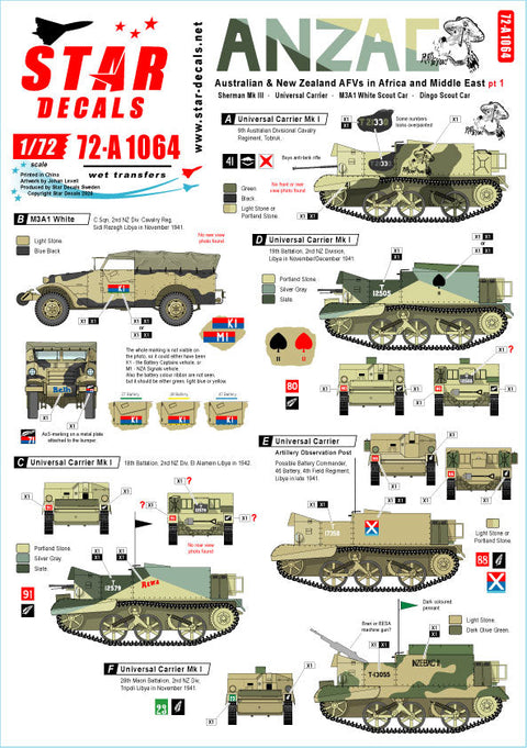 スターデカール 72-A1064 1/72 オーストラリア・ニュージーランド軍団 # 1. ニュージーランドとオーストラリアの戦車 ＆ アフリカと中東のAFV WWII.