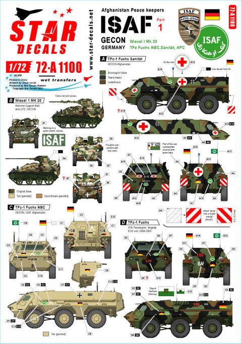 スターデカール 72-A1100 1/72 国際治安支援部隊-アフガニスタン # 1. GECON - ドイツの平和維持軍 ヴィーゼル I MK 20, フックス APC, NBC, Sanitat