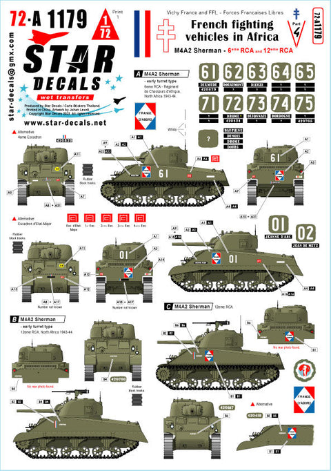 スターデカール 72-A1179 1/72 WWII アフリカのフランス軍戦闘車両＃4 第6/第12アフリカ騎兵連隊のM4A2シャーマン 1943/44年