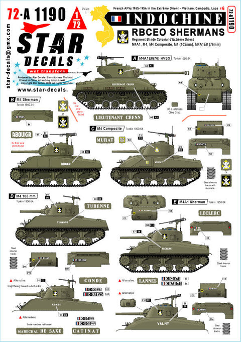 スターデカール 72-A1190 1/72 現用 フランス インドシナ戦争＃6 R.B.C.E.O.のシャーマン戦車 M4/M4A1/M4コンポジット/M4(105mm)/M4A1E8(76mm)