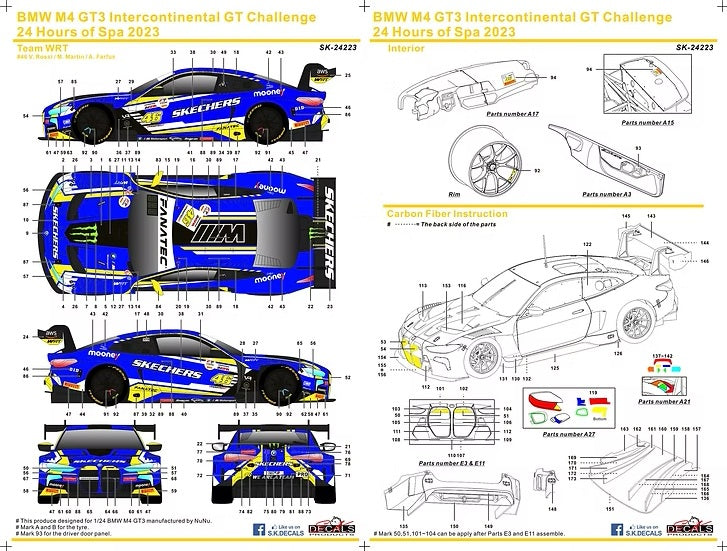 SKデカール SK24223 1/24 BMW M4 GT3 インターコンチネンタルGT