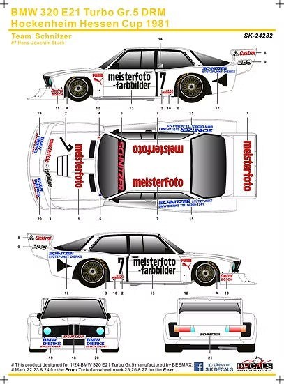SKデカール SK24232 1/24 BMW 320 E21 ターボ Gr.5 DRM ホッケンハイム ヘッセン・カップ 1981 チームシュニッツァー #7(NuNu用)