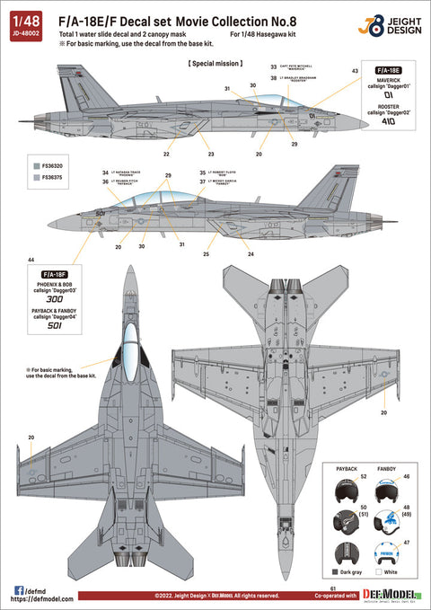 DEFモデル JD48002 1/48 F/A-18E/F スーパーホーネット デカールセット - ムービーコレクション No.8 (ハセガワ用)