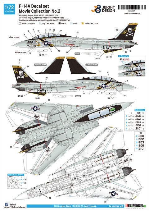 DEFモデル JD72001 1/72 F-14A デカールセットムービーコレクション No.2 ジョリーロジャース 1978 (アカデミー用)