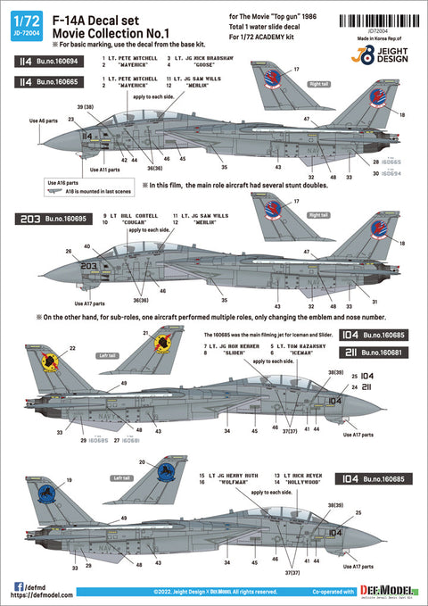 DEFモデル JD72004 1/72 F-14 デカールセットムービーコレクション No.1 (アカデミー F-14A用)