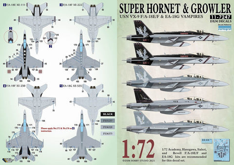 DXM 11-7247 1/72 アメリカ海軍 F/A-18E/F & EA-18G VX-9 ヴァンパイアーズ カルトグラフ製デカール